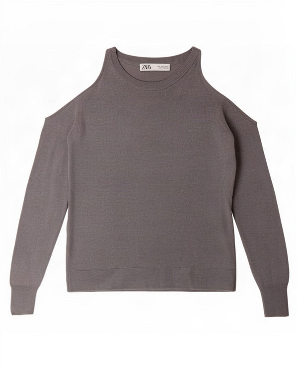Zara Γυναικείο Off Shoulder Boat Neck Jumper UK 10 Small Grey Cotton