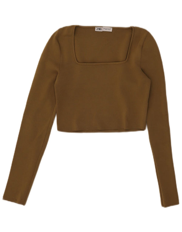 Zara Γυναικείο Crop Top Μακρύ μανίκι UK 12 Medium Khaki Polyester