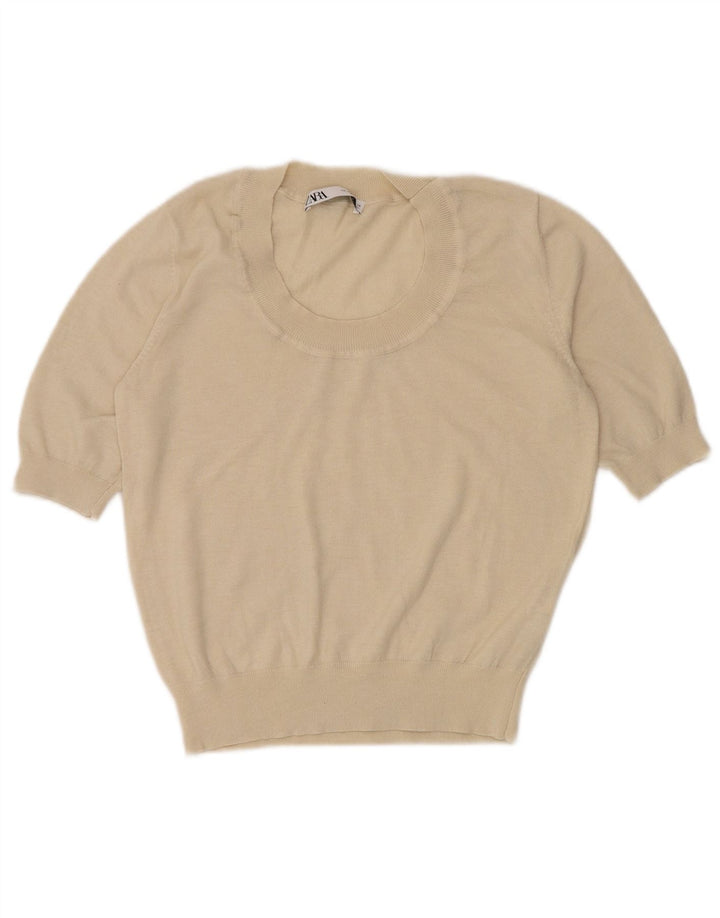Zara Γυναικεία κοντομάνικη μπλούζα τοπ UK 12 Medium Off White Nylon