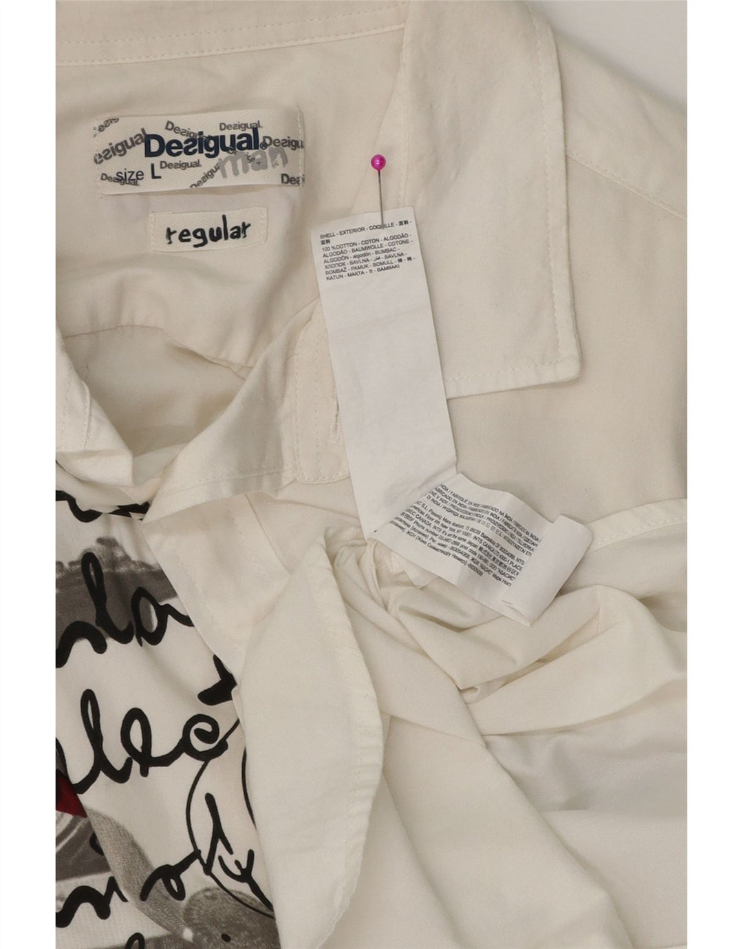 DESIGUAL Ανδρικό γραφικό πουκάμισο κανονικής εφαρμογής, μεγάλο λευκό βαμβακερό