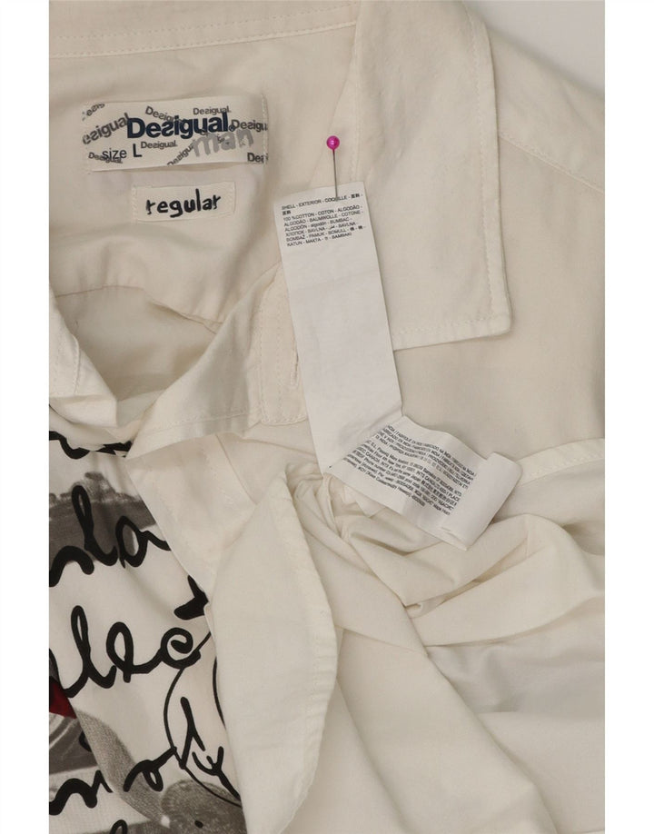 DESIGUAL Ανδρικό γραφικό πουκάμισο κανονικής εφαρμογής, μεγάλο λευκό βαμβακερό