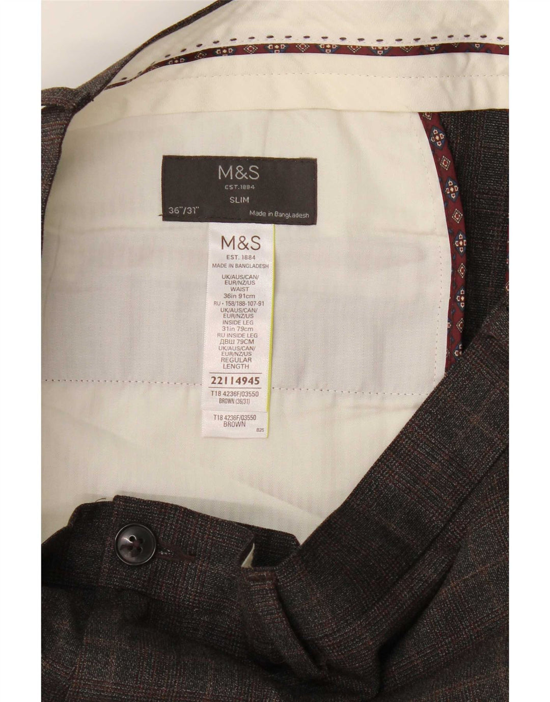 Marks & Spencer Ανδρικό Slim παντελόνι Chino W36 L31 Brown Check Polyester