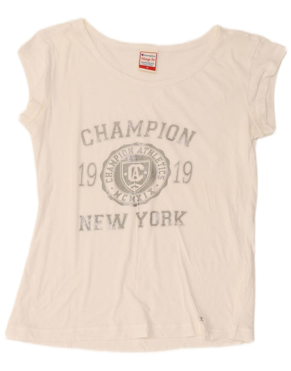 Champion Womens Heritage Fit Graphic T-shirt Top UK 14 Medium White