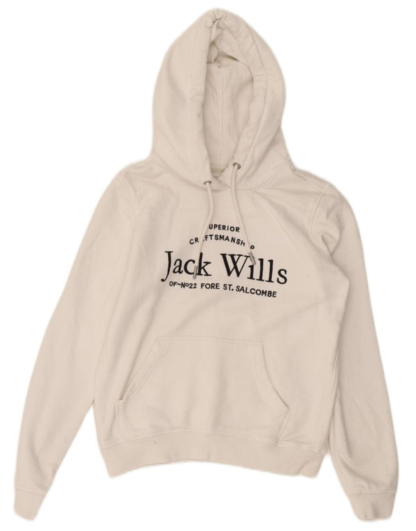 JACK WILLS Γυναικείο Crop Graphic Hoodie Jumper UK 8 Small White Cotton