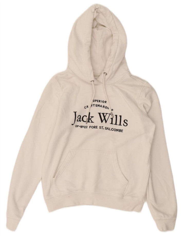 JACK WILLS Γυναικείο Crop Graphic Hoodie Jumper UK 8 Small White Cotton
