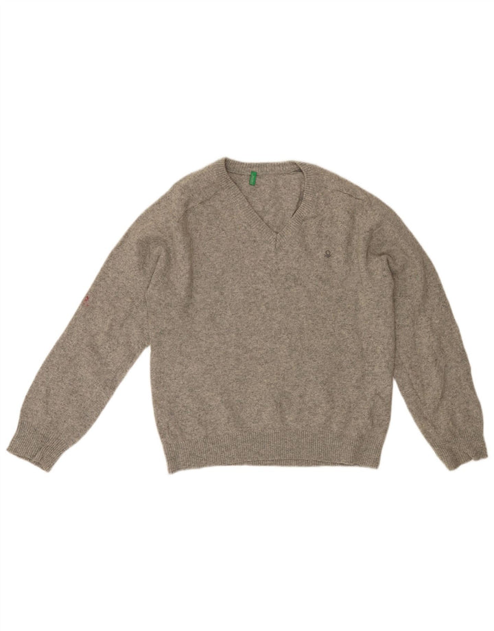 BENETTON Γυναικείο πουλόβερ με V λαιμόκοψη UK 18 XL Γκρι Lambswool