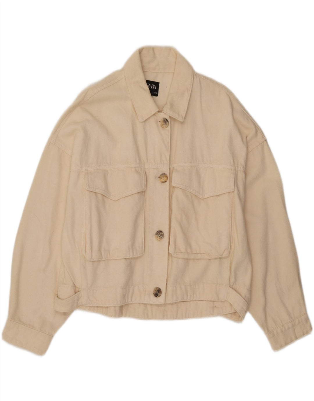 Zara Γυναικείο Crop Oversized Τζιν μπουφάν UK 16 Large Off White Βαμβακερό