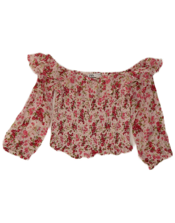 ZARA Womens Crop Off Shoulder Top UK 4 XS Pink Floral Viscose