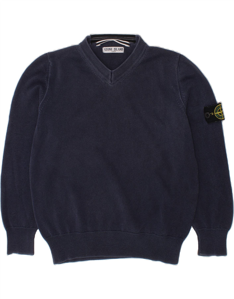 STONE ISLAND Boys V-Neck Jumper Sweater 7-8 Years Navy Blue Cotton Vintage Stone Island and Second-Hand Stone Island from Messina Hembry 