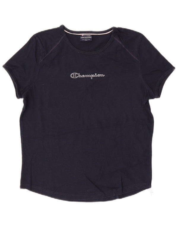 Champion Womens Graphic T-Shirt Top UK 14 Large Navy Blue Cotton