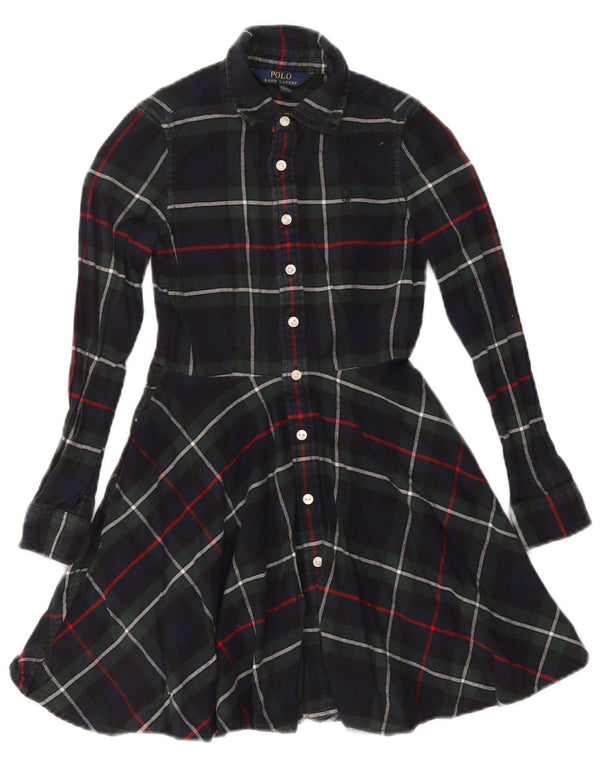 POLO RALPH LAUREN Girls Long Sleeve Shirt Dress 6-7 Years Navy Blue Check