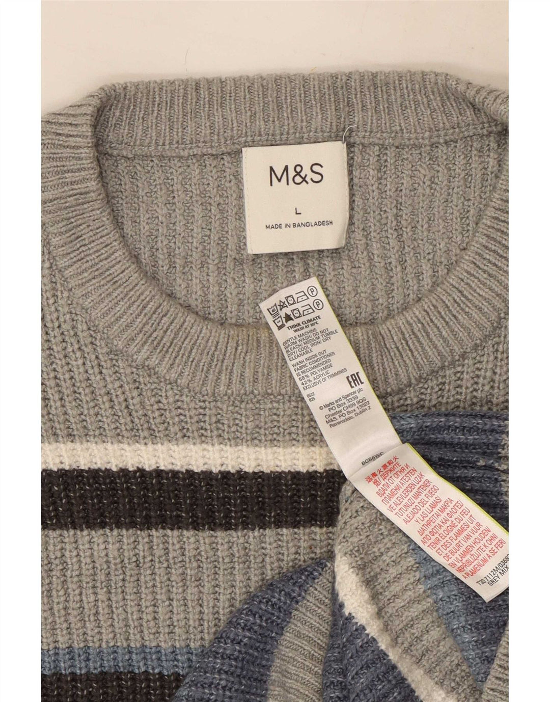 Marks & Spencer Ανδρικό πουλόβερ με λαιμόκοψη μεγάλου γκρι ριγέ πολυεστέρα