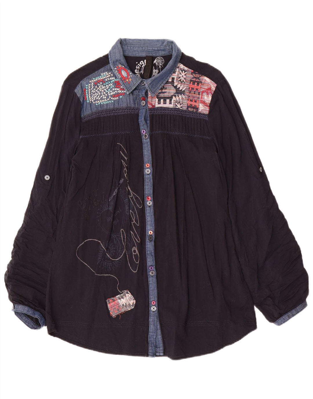 Desigual Γυναικείο γραφικό πουκάμισο μπλούζα UK 18 XL Navy Blue Patchwork