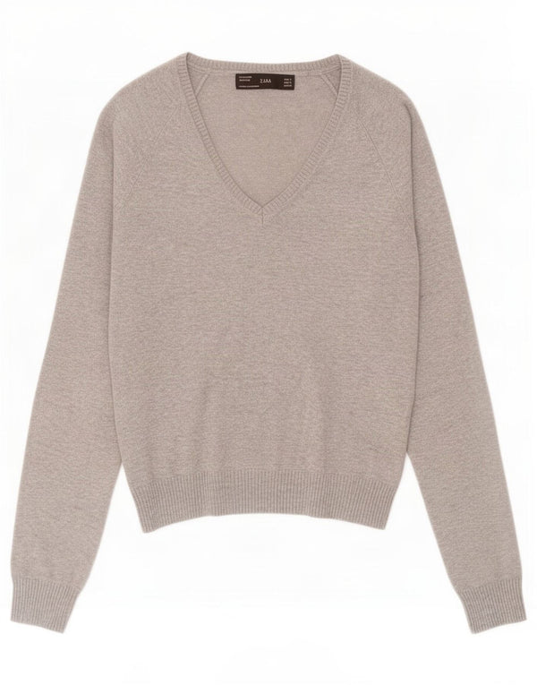 Zara Womens V-Neck Jumper Sweater UK 8 Small Grey Flecked Cotton