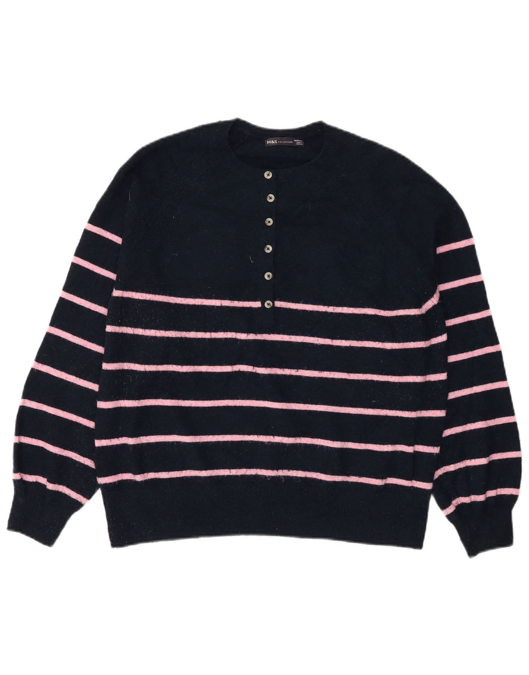 MARKS & SPENCER Γυναικείο πουλόβερ με λαιμό με κουμπιά UK 14 Medium Navy Blue