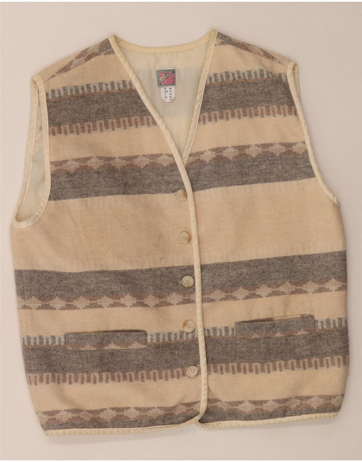 Vintage γυναικείο Gilet UK 14 Μεγάλο μπεζ γεωμετρικό μαλλί