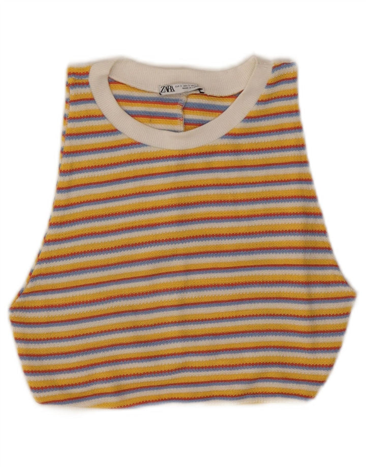 ZARA Γυναικείο Knit Crop Top UK 8 Small Yellow ριγέ