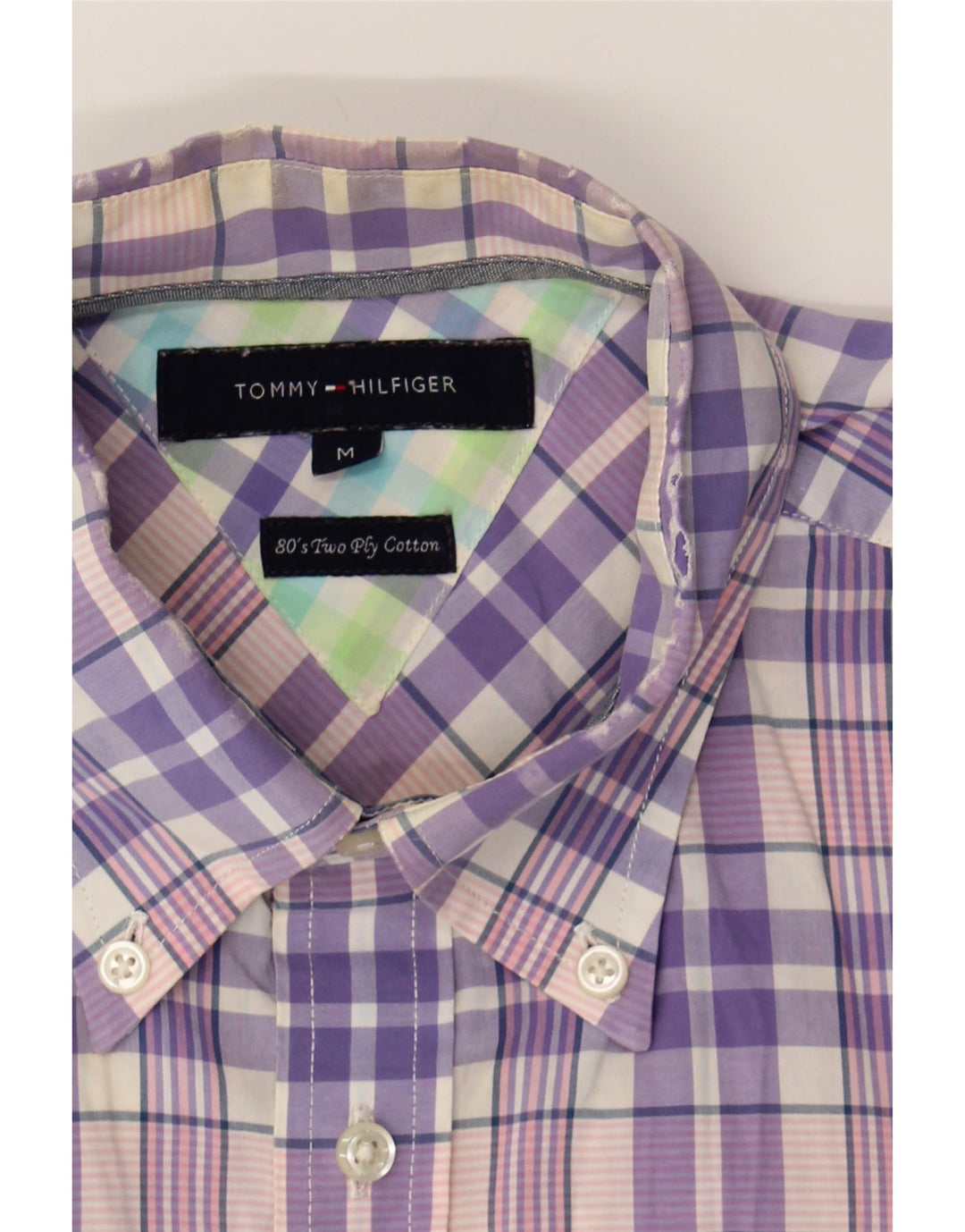 TOMMY HILFIGER Mens Short Sleeve Shirt Medium Purple Check Cotton Vintage Tommy Hilfiger and Second-Hand Tommy Hilfiger from Messina Hembry 