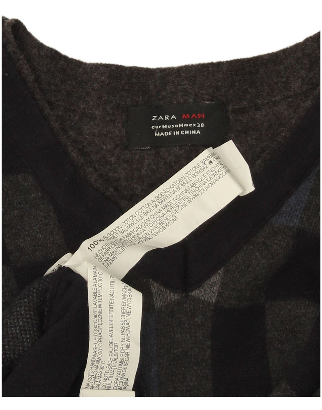Ανδρικό πουλόβερ Zara με V λαιμόκοψη, μεσαίο μαύρο γεωμετρικό βαμβακερό