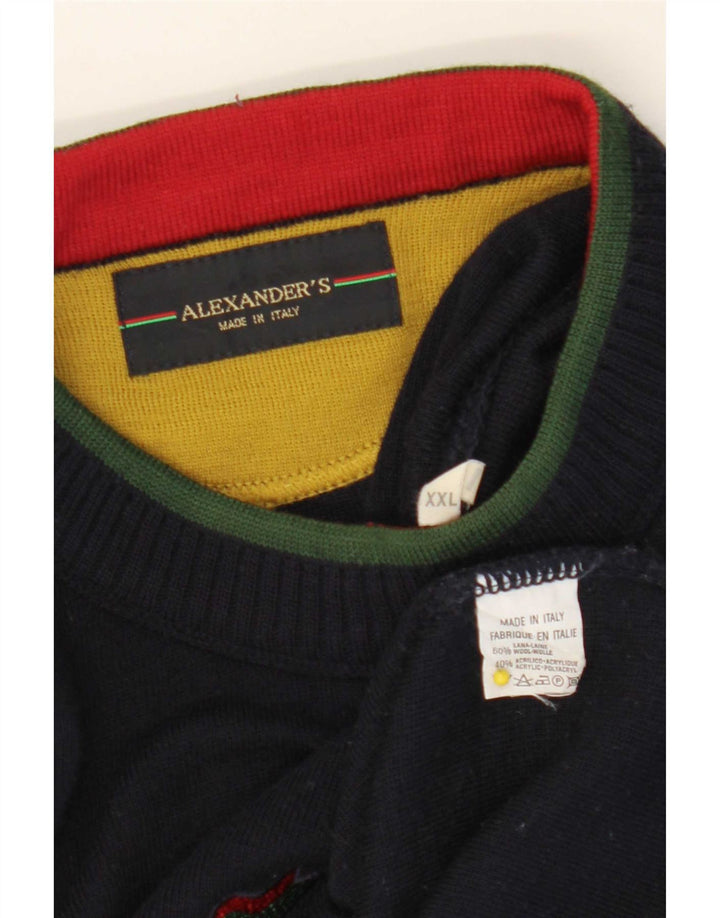 Alexander's Mens Graphic Crew Neck Jumper πουλόβερ 2XL Navy Blue Wool