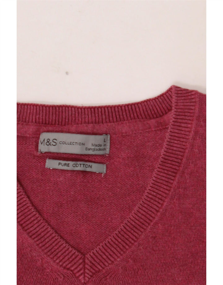 MARKS & SPENCER Ανδρικό πουλόβερ με λαιμόκοψη V-λαιμόκοψη μεγάλο ροζ βαμβακερό