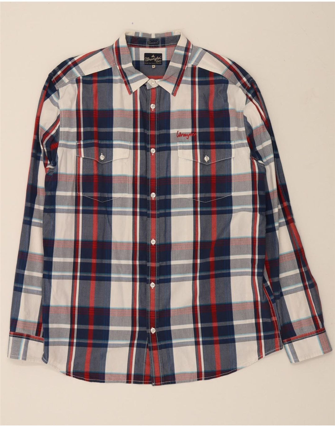 WRANGLER Mens Regular Fit Shirt XL Navy Blue Check Cotton Vintage Wrangler and Second-Hand Wrangler from Messina Hembry 