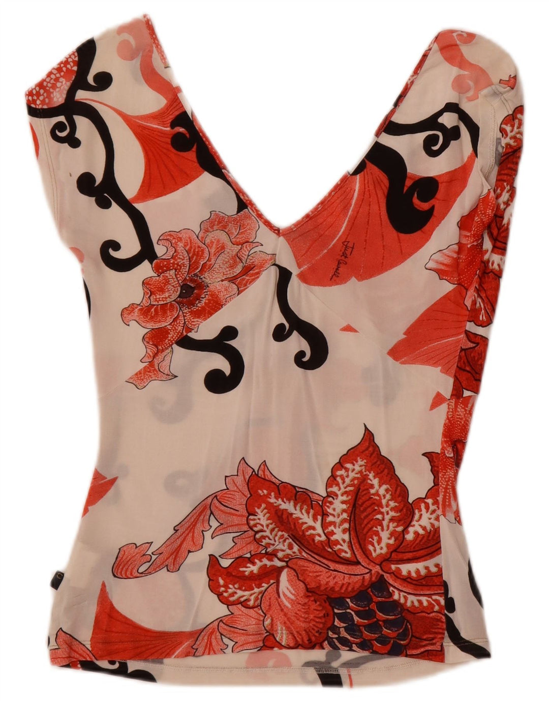 Just Cavalli γυναικεία μπλούζα τοπ UK 14 Large Off White Floral Elastane