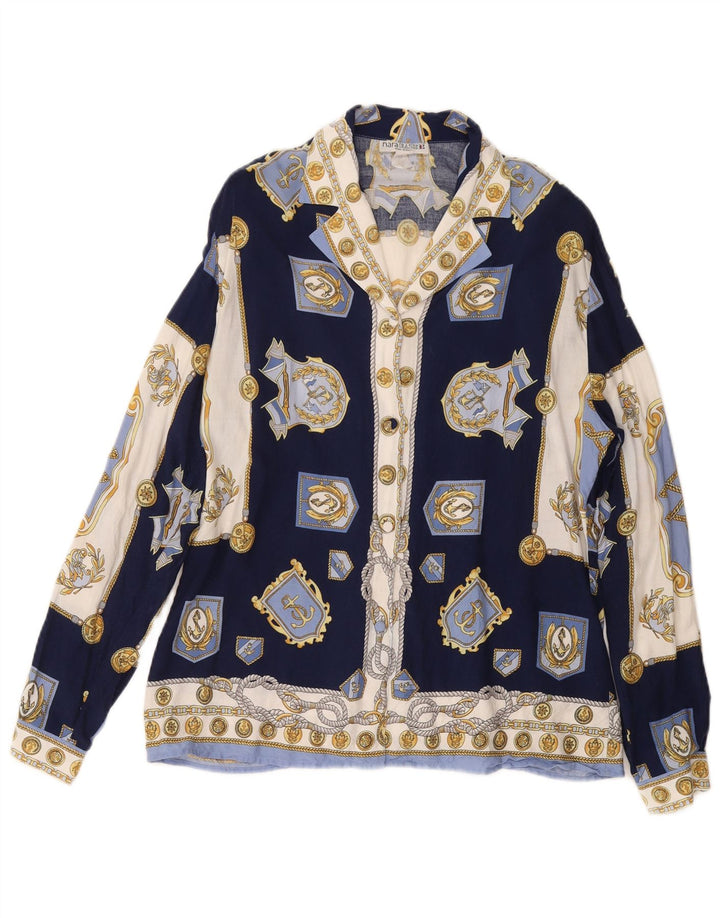 VINTAGE Γυναικείο πουκάμισο Abstract Pattern Μπλούζα UK 14 Medium Navy Blue