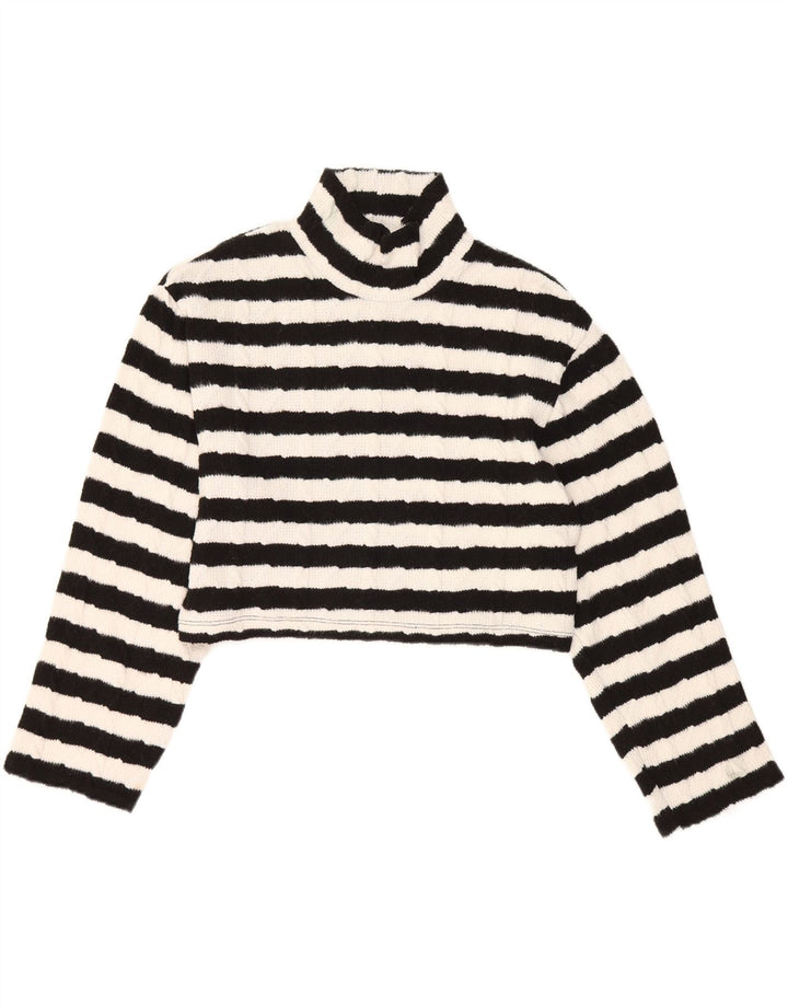 ZARA Womens Crop Turtle Neck Jumper Sweater UK 14 Medium Black Striped Vintage Zara and Second-Hand Zara from Messina Hembry 