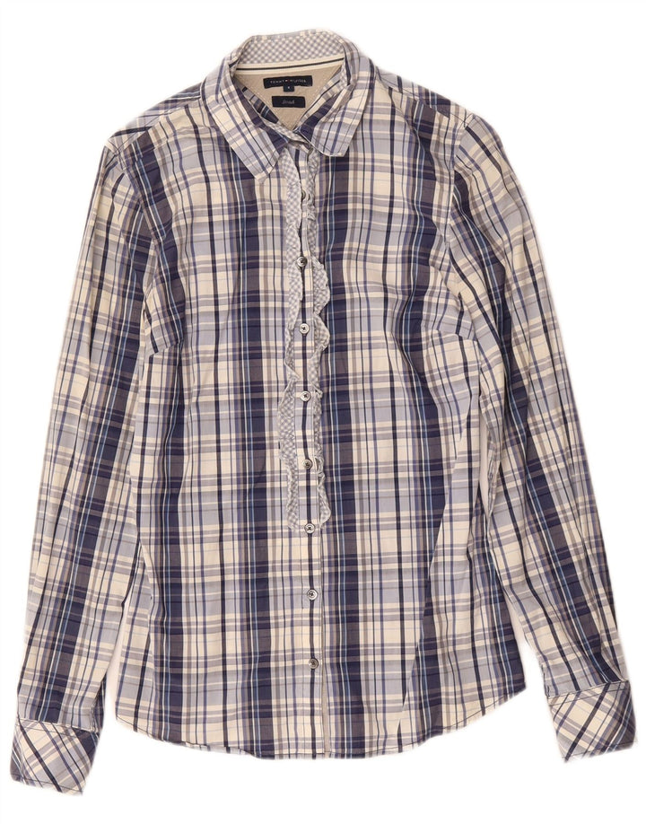 TOMMY HILFIGER Womens Ruffle Front Shirt US 8 Medium Blue Check Cotton