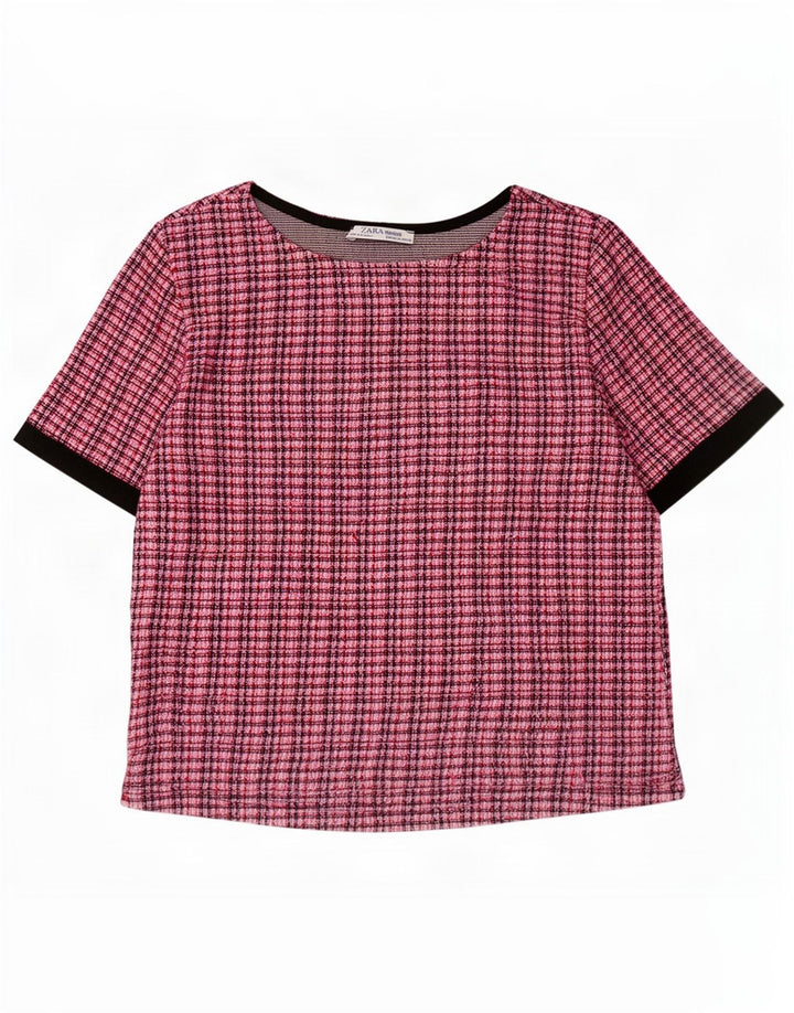 Zara Γυναικεία μπλούζα Crop Top UK 12 Medium Pink Check Polyester
