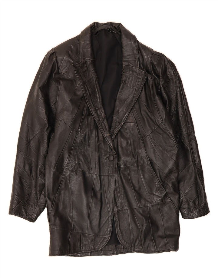 VINTAGE Womens Graphic Leather Coat EU 38 Medium Black Patchwork Leather Vintage Vintage and Second-Hand Vintage from Messina Hembry 