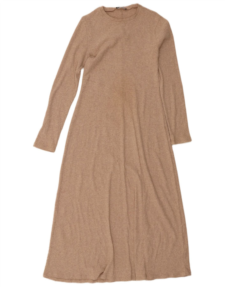 Zara Γυναικείο μακρυμάνικο Maxi Φόρεμα UK 12 Medium Beige