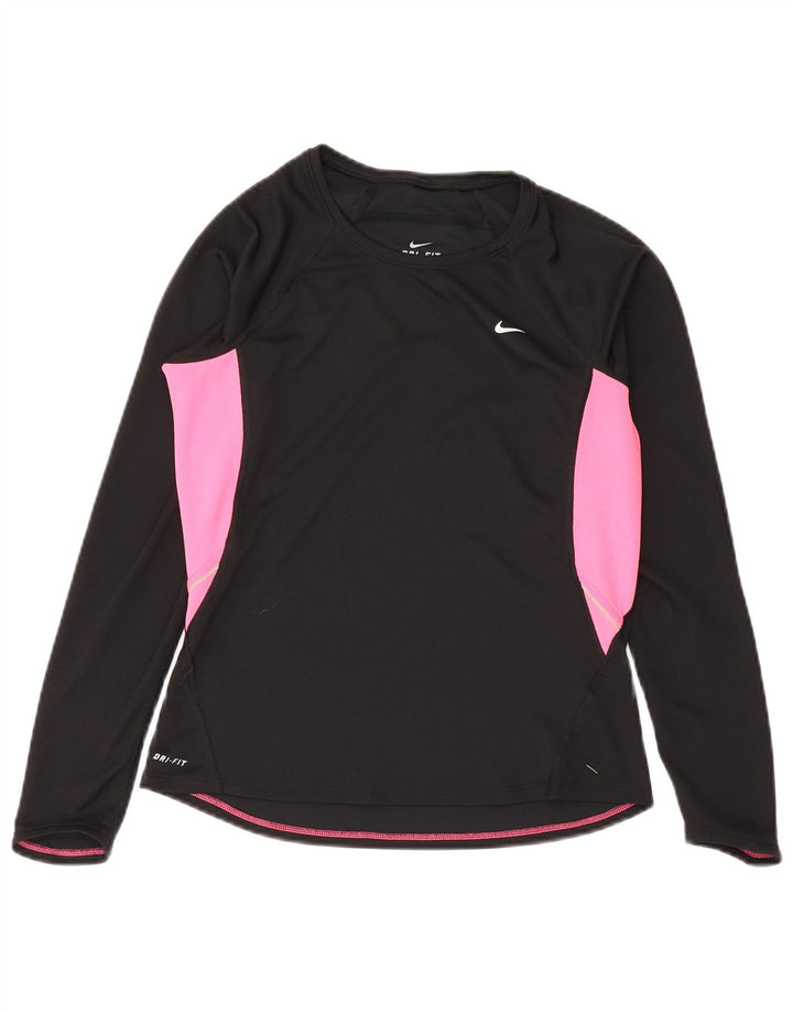 Nike Womens Dri Fit Top μακριά μανίκια UK 12/14 Medium Black Colorblock