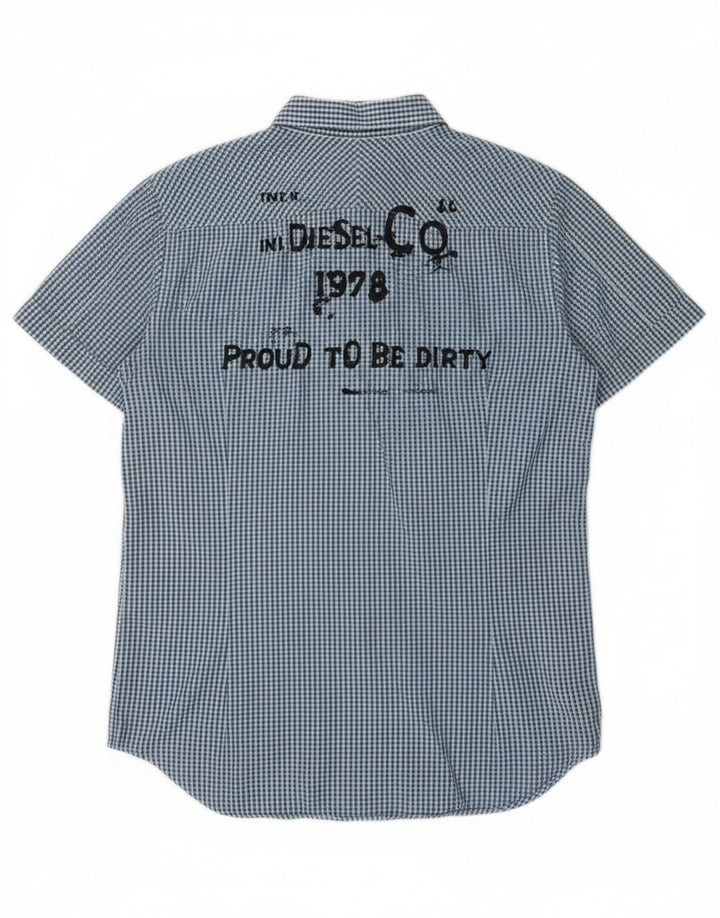 DIESEL Mens Graphic Short Sleeve Shirt Medium Blue Gingham Cotton