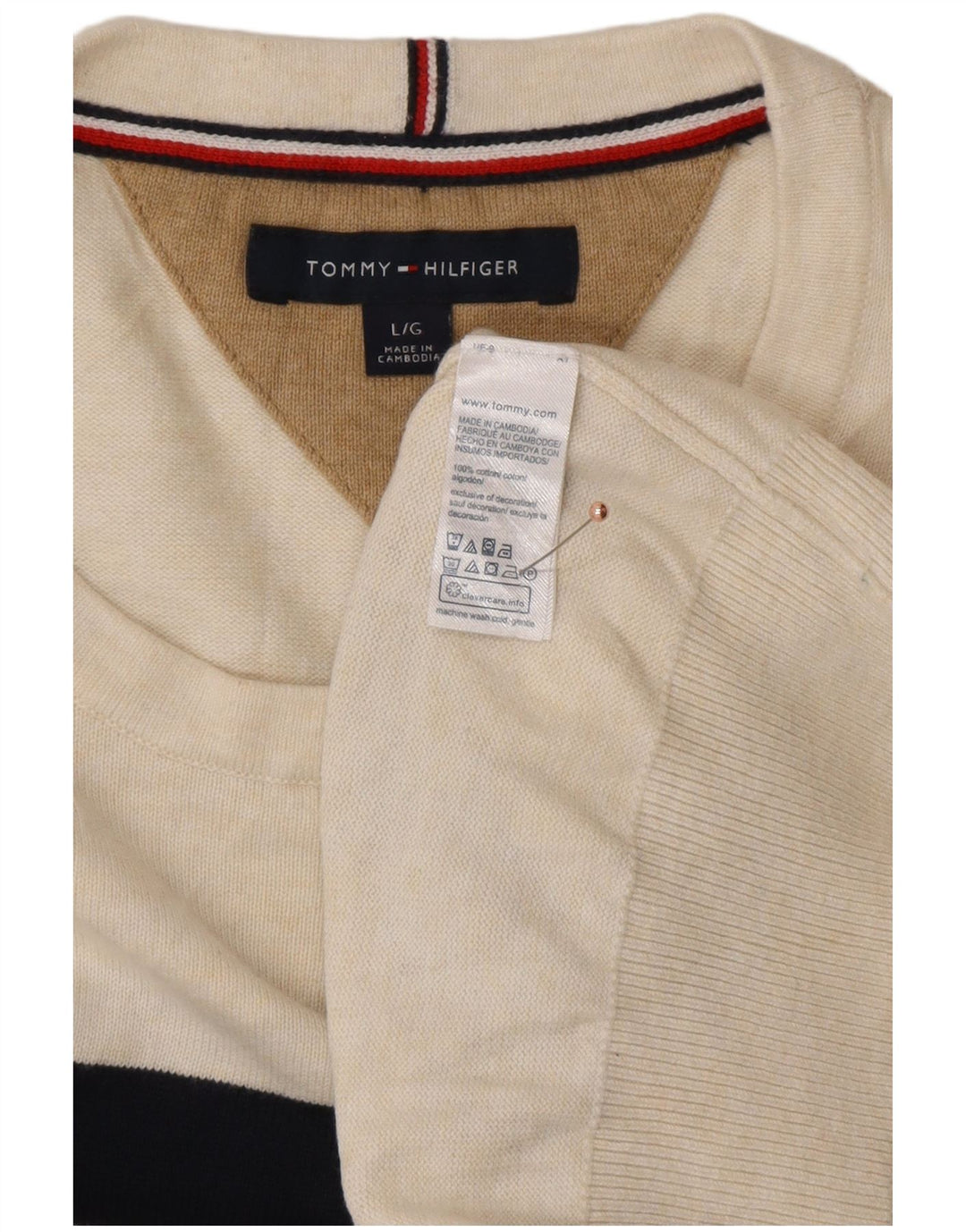 TOMMY HILFIGER Ανδρικό πουλόβερ πουλόβερ με λαιμόκοψη μεγάλο σε λευκό ριγέ