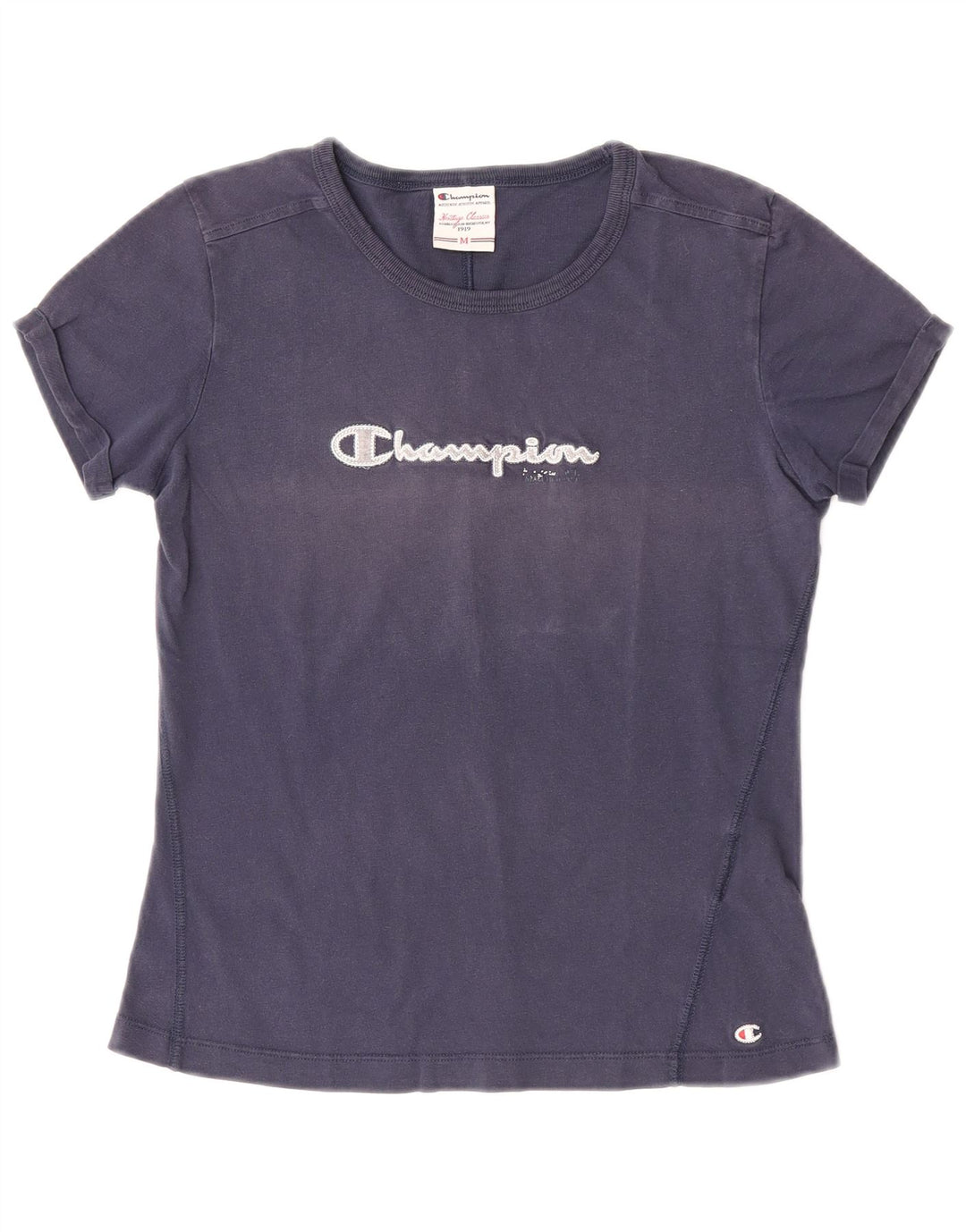 Champion Womens Graphic T-Shirt Top UK 12 Medium Navy Blue