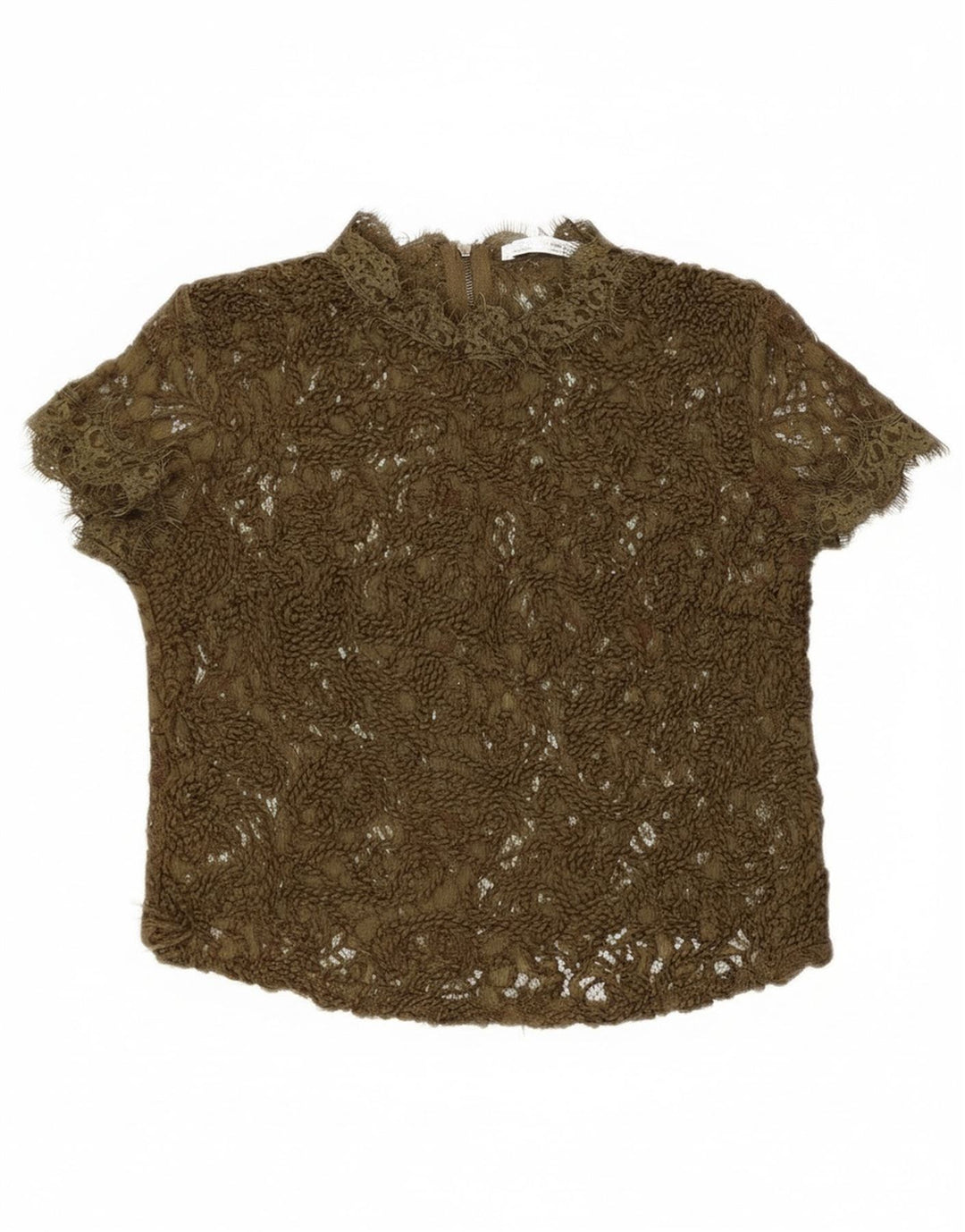 Zara Γυναικεία Δαντέλα See Through Μπλούζα Top UK 8 Small Khaki