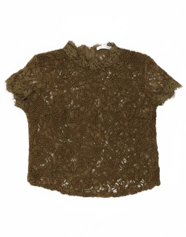 Zara Γυναικεία Δαντέλα See Through Μπλούζα Top UK 8 Small Khaki