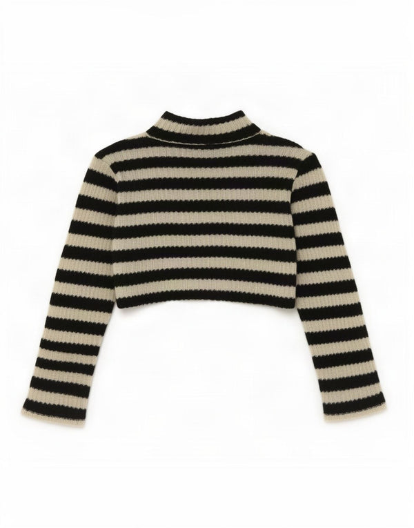 Zara Γυναικείο Crop Top μακρυμάνικο UK 10 Small Black ριγέ