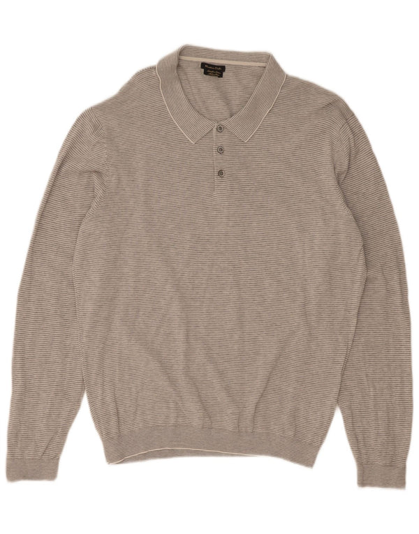 Massimo Dutti Mens Polo Neck Jumper Sweater 2XL Grey Pinstripe Cotton