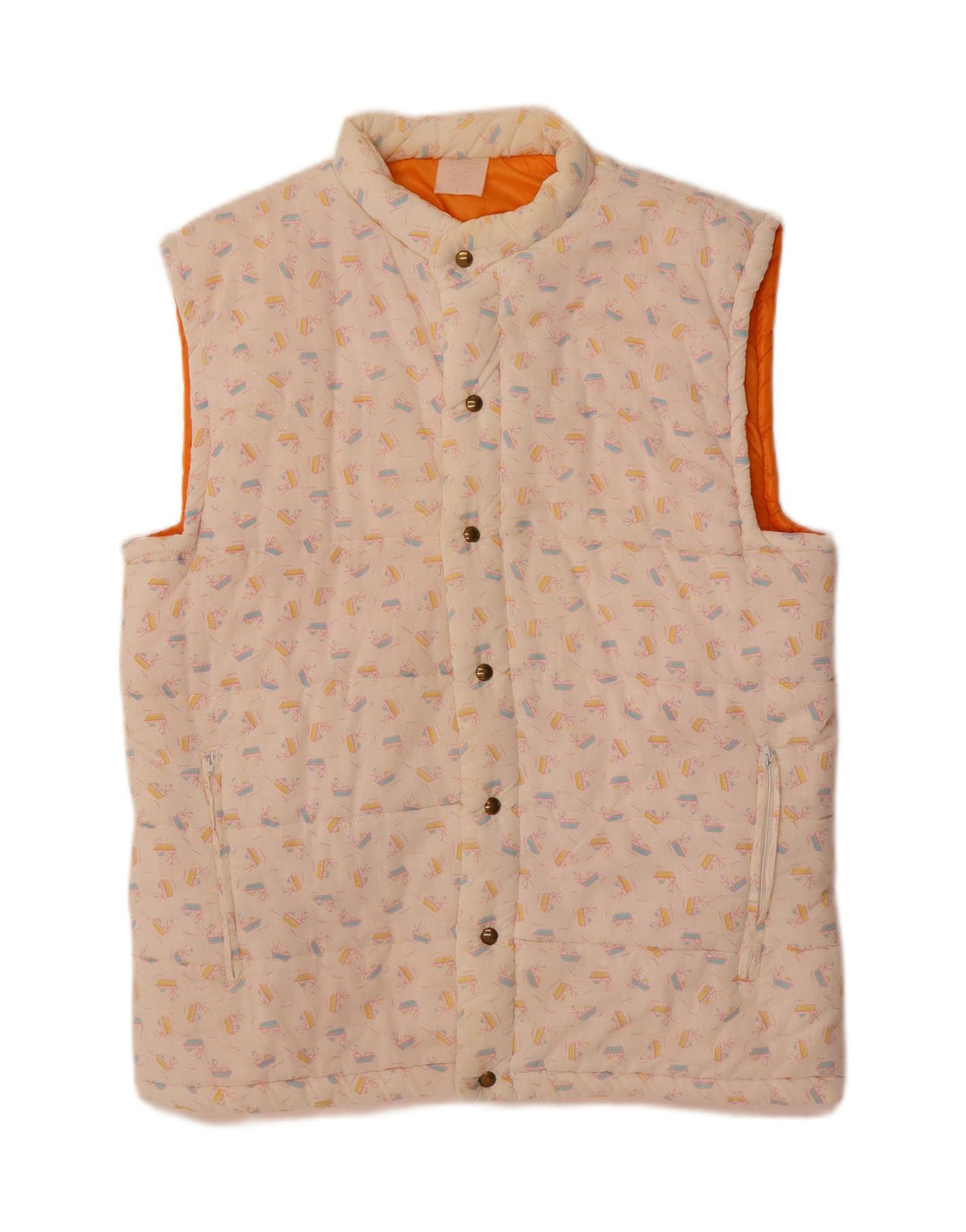 VINTAGE Womens Abstract Pattern Padded Gilet UK 16 Large White Cotton