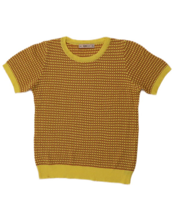Γυναικείο πουλόβερ ZARA Crop Crew Neck Jumper UK 8 Small Yellow Geometric
