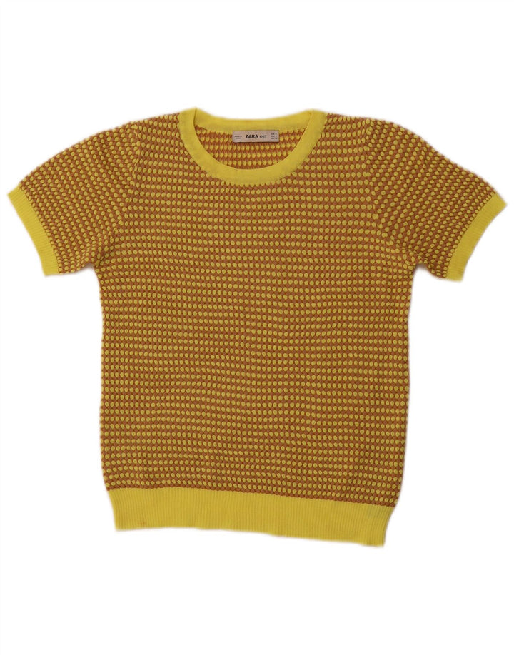 Γυναικείο πουλόβερ ZARA Crop Crew Neck Jumper UK 8 Small Yellow Geometric