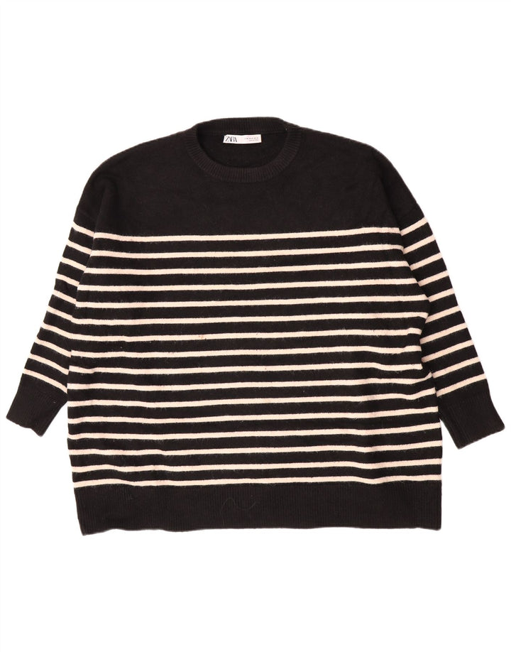 Zara γυναικείο πουλόβερ υπερμεγέθη Crew Neck Jumper UK 14 Medium Μαύρο ριγέ