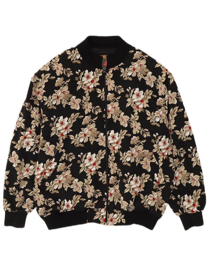 Vintage Γυναικείο Loose Fit Bomber Jacket UK 14 Medium Black Floral Polyester