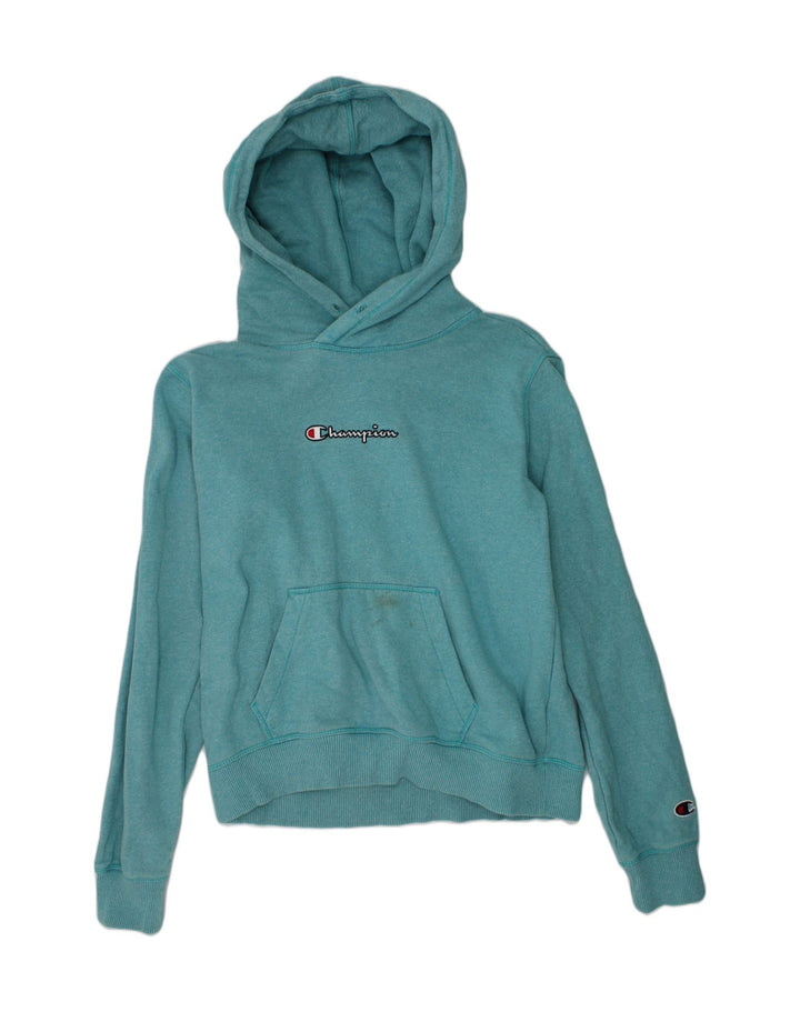 CHAMPION Womens Graphic Hoodie Jumper UK 10 Small Turquoise Cotton | Vintage Champion | Thrift | Second-Hand Champion | Used Clothing | Messina Hembry 