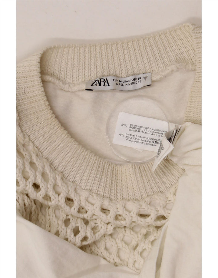 Zara Γυναικεία Crop Crochet Μπλούζα Τοπ UK 14 Medium Off White Βαμβακερό