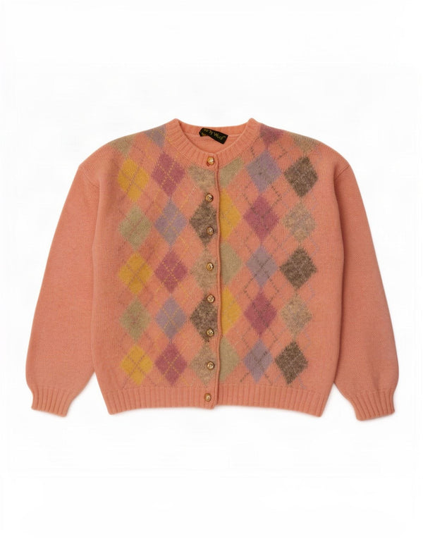 Vintage γυναικείο oversized ζακέτα πουλόβερ UK 14 Medium Pink Argyle/Diamond
