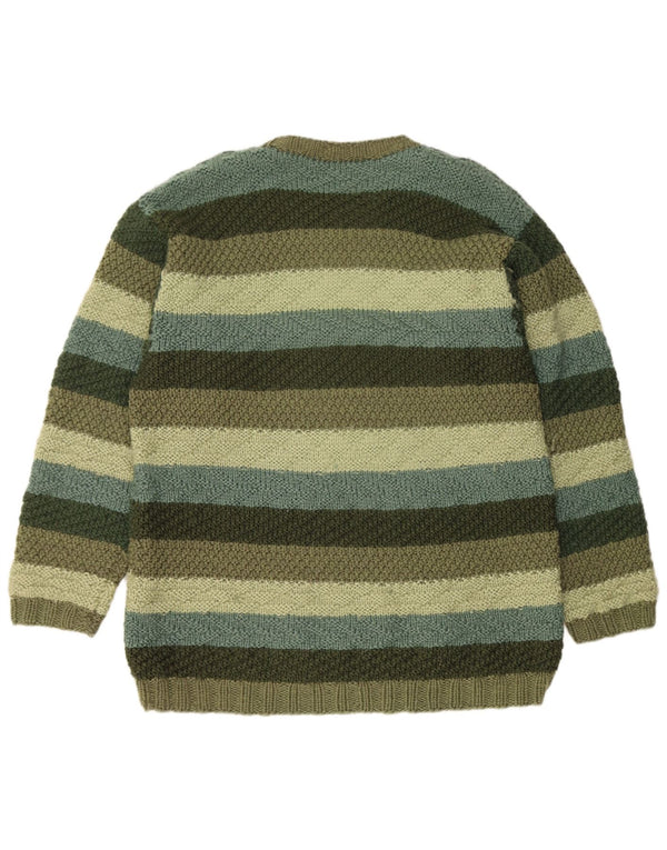 VINTAGE Mens Crew Neck Jumper Sweater Large Khaki Striped